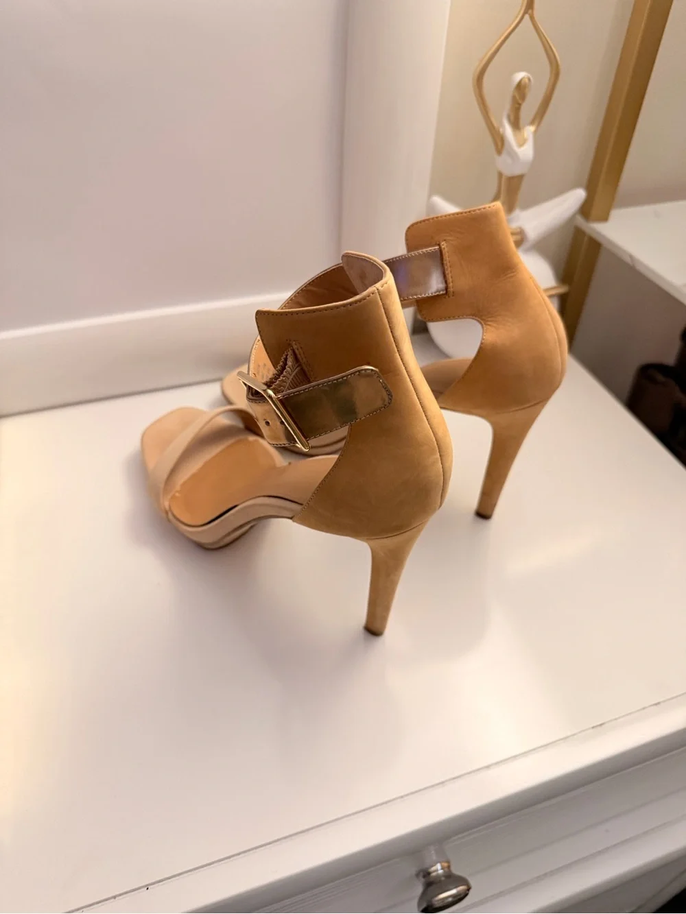 Calvin Klein Nude and Gold Ankle-Strap Stiletto Sandals